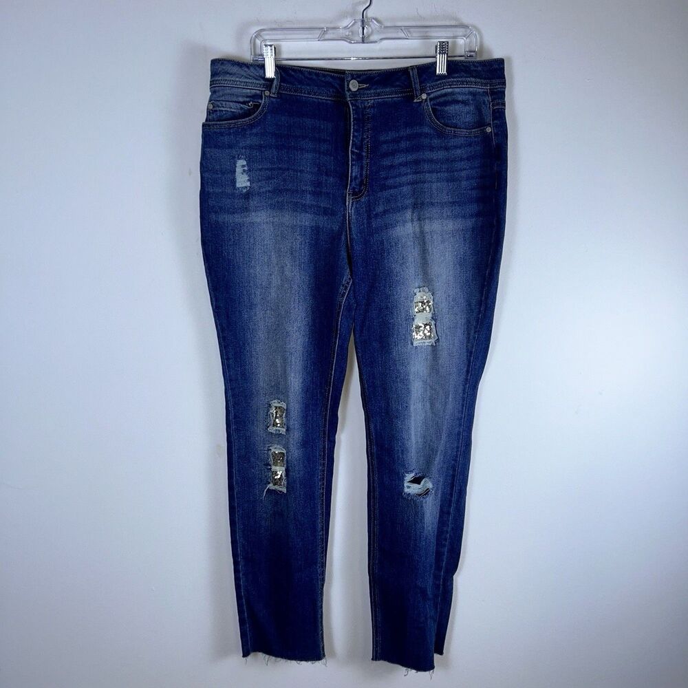 C Est 1946 Denim Jeans Womens 16 High Rise Distressed Sequin Skinny Raw Hem